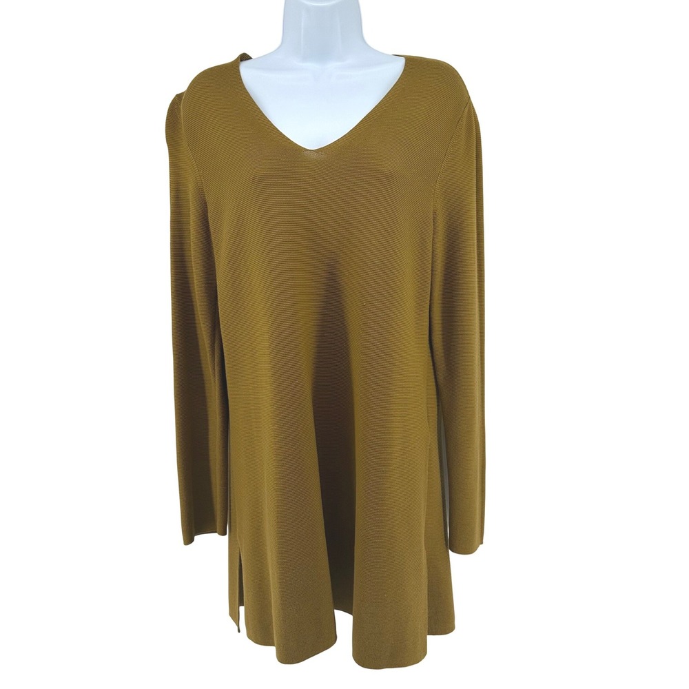 Eileen Fisher V-Neck Tunic Sweater Organic Cotton Grandma Women XS Mustard Gold